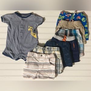 7 Pairs of Shorts size 12 Months Plaid Sharks Dinosaur Grey Khaki Blue Romper‎